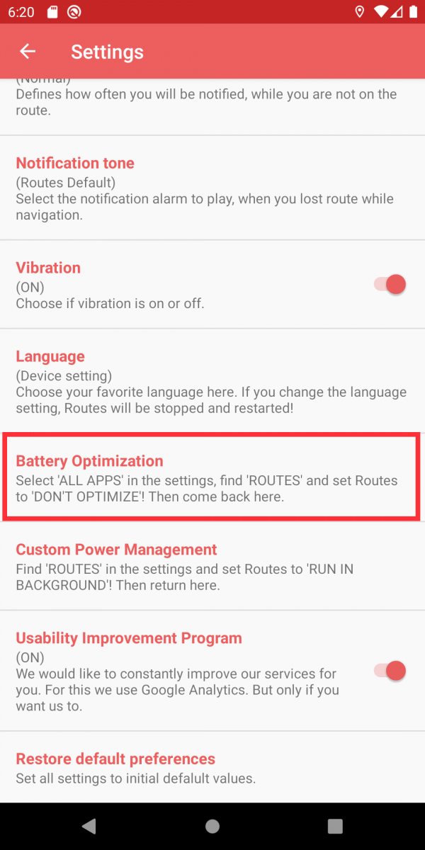 Go to the Settings of Routes and select Battery Optimization