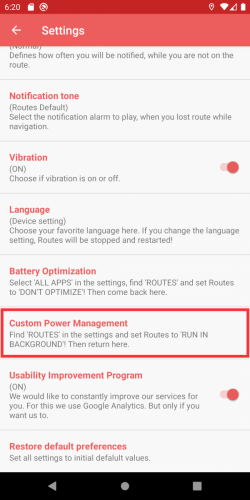 Go to the Settings of Routes and select Custom Power Management